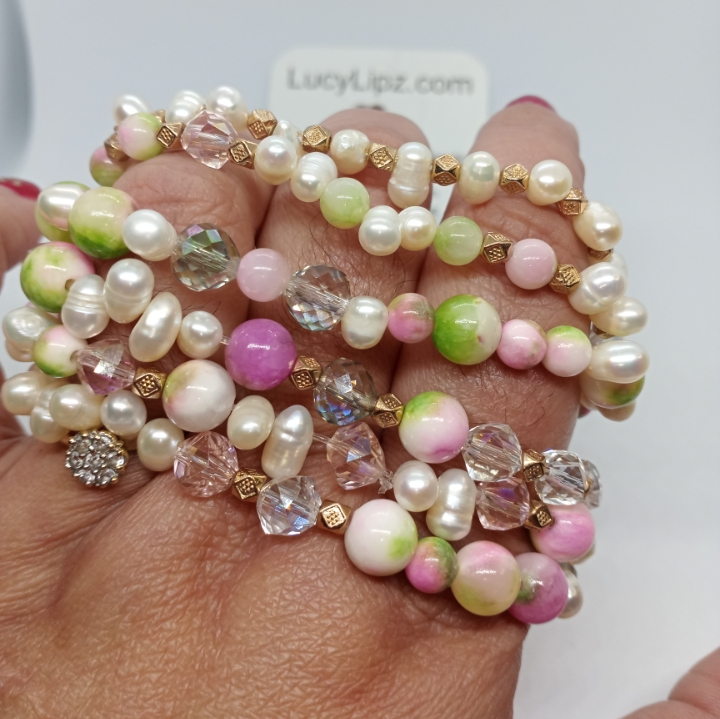 Genuine Pearl And Jade Bracelets with Crystal Accents